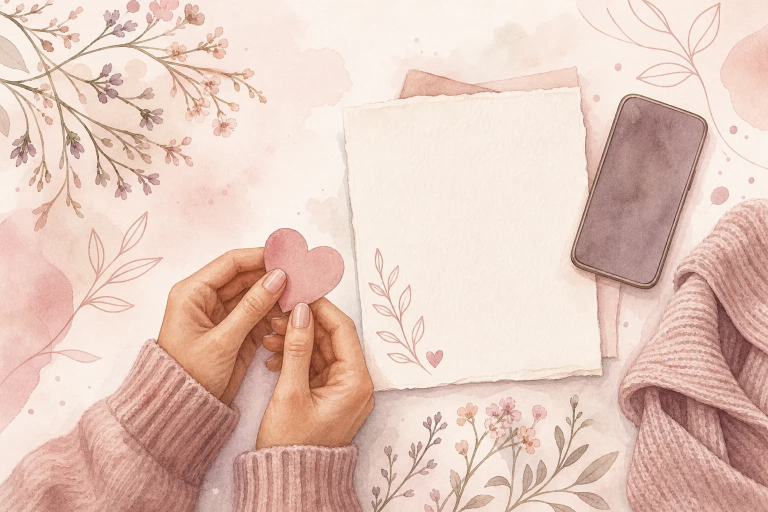 A watercolor scene of hands holding a paper heart beside a blank note, phone, sweater, and flowers