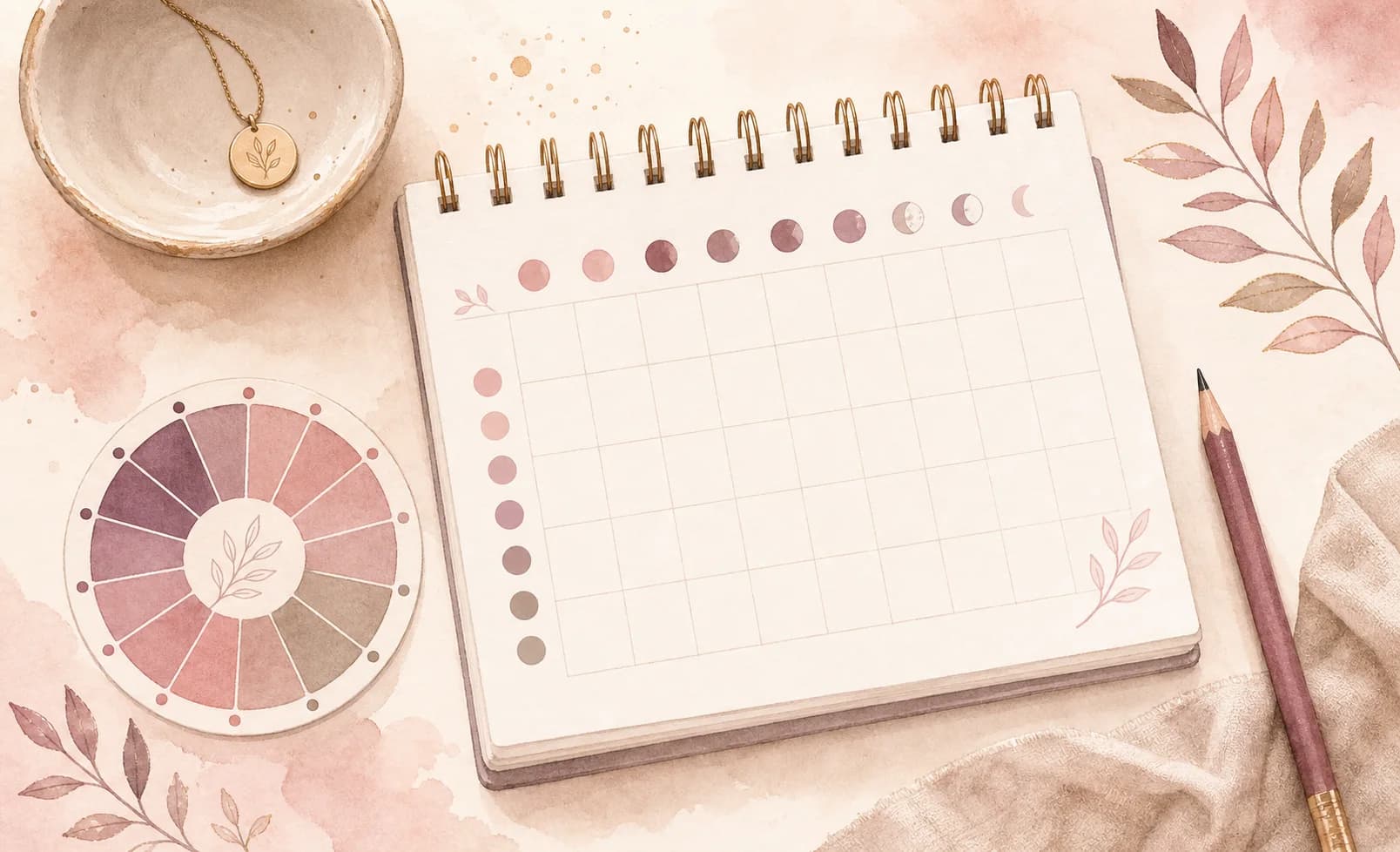 A watercolor symptom-tracking calendar with a cycle wheel, pencil, moon dots, and botanical details