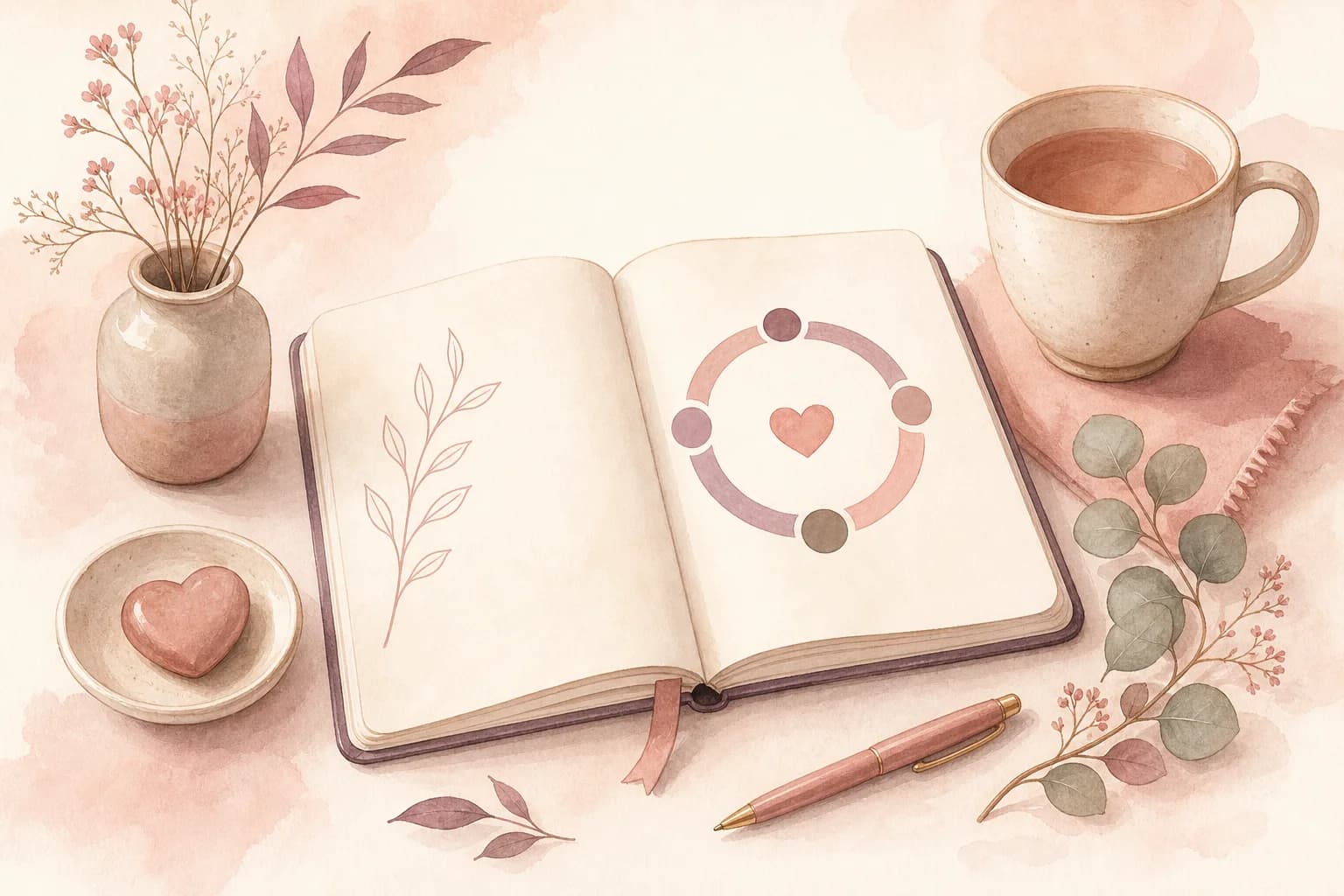 A watercolor journal with a PMDD Circle mark, tea, botanicals, and a heart-shaped object