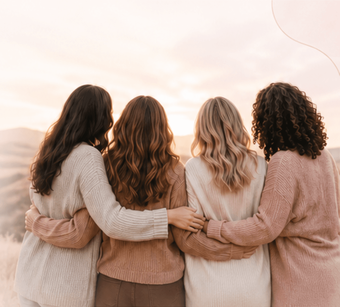 Four women standing together with their arms around each other in warm outdoor light