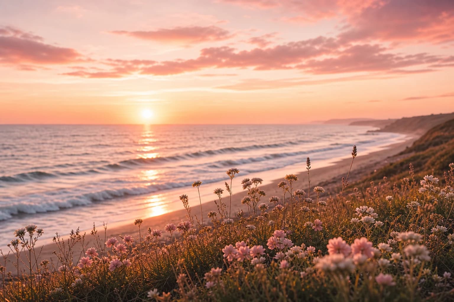 A calm blush ocean sunset with coastal flowers