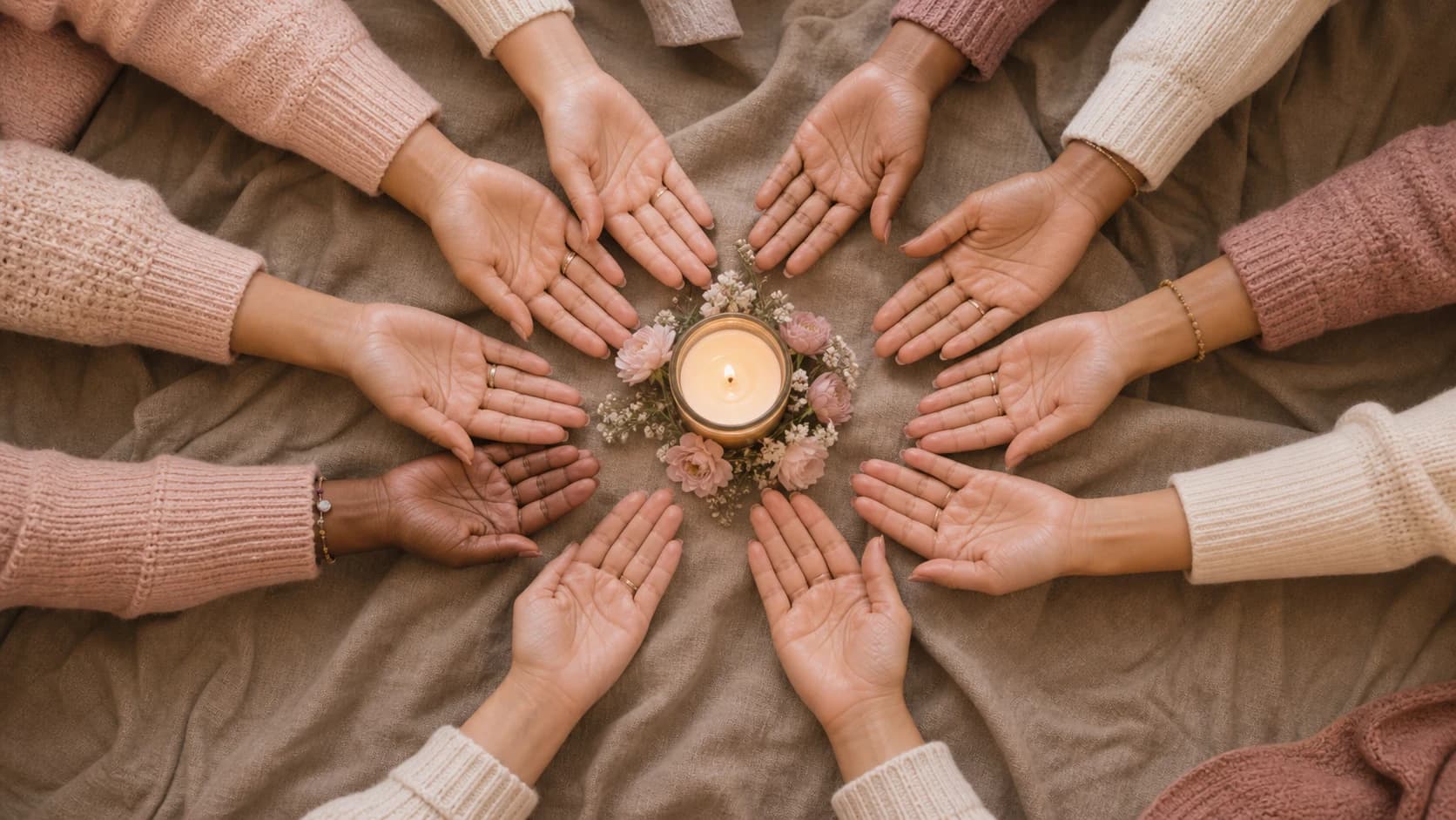 Women's hands forming a supportive circle around a candle and flowers