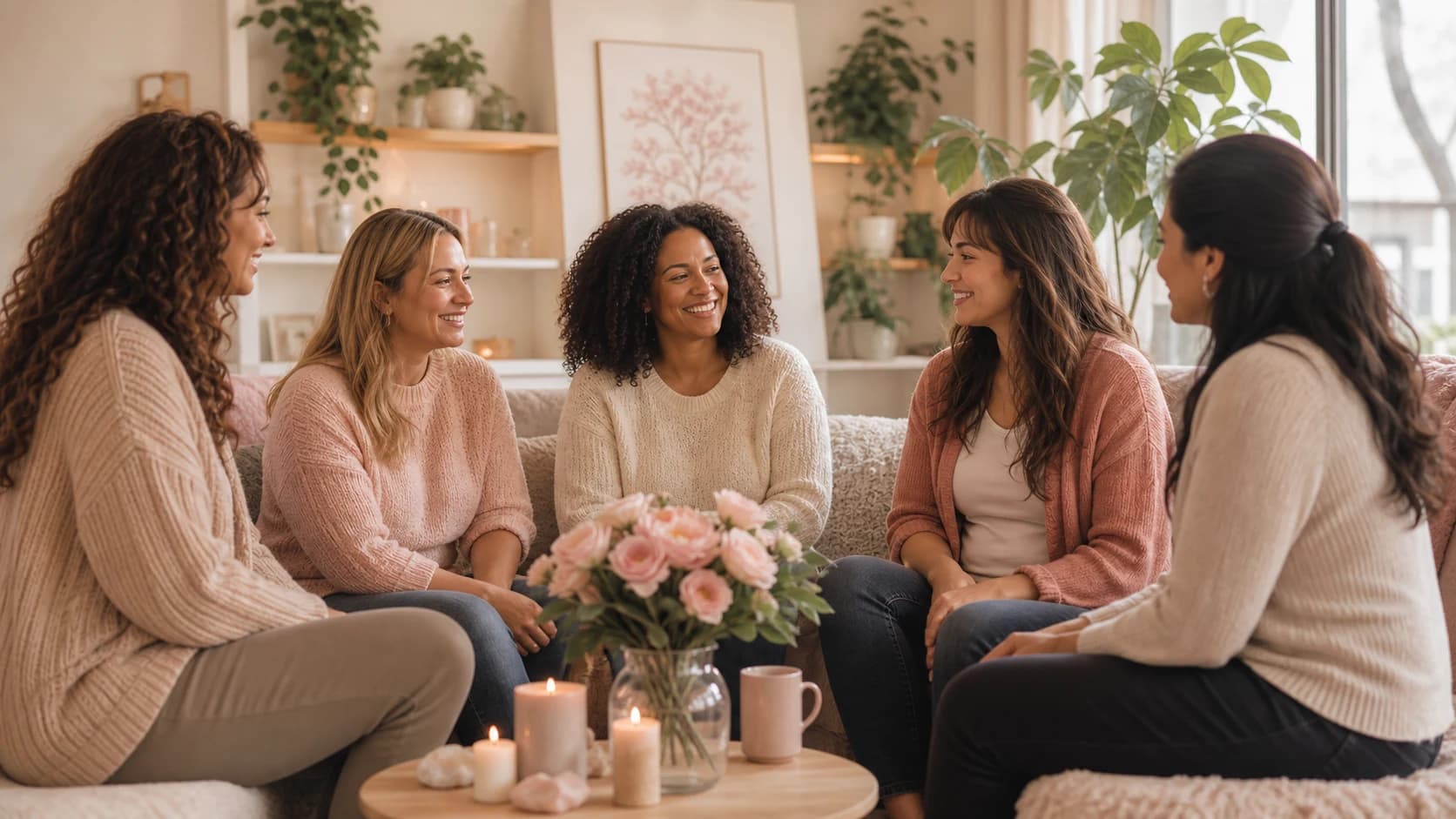 A diverse group of women sitting together in a warm support circle