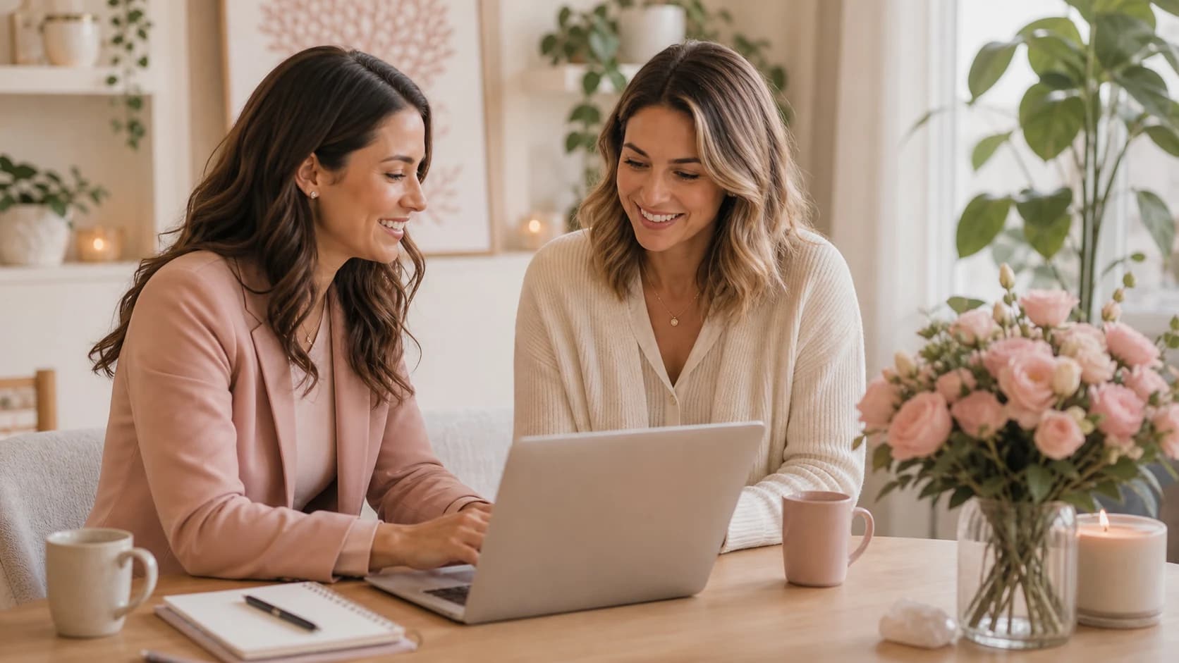 Two women collaborating at a laptop in a calm wellness office